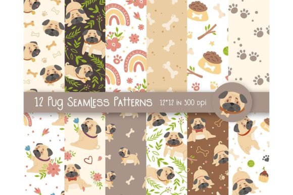 Cartoon Cute Pug Kids Patterns Bundle