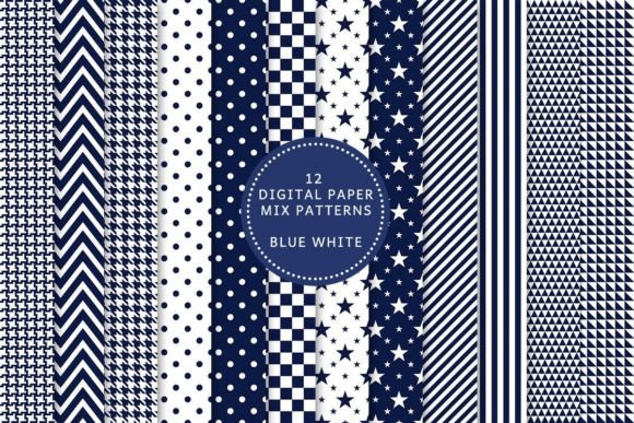 Digital Paper Mix Patterns, Blue White