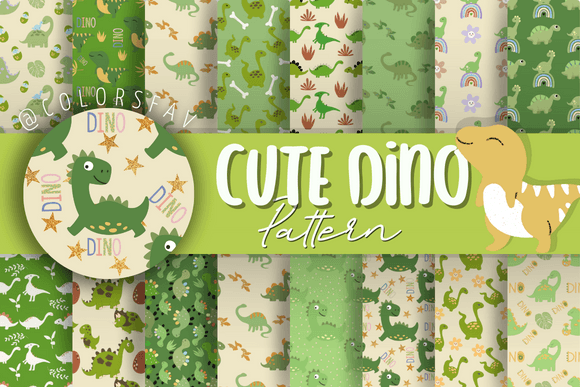 Green Cute Dino Digital Paper Patterns
