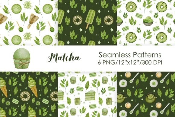 Watercolor Matcha Seamless Patterns